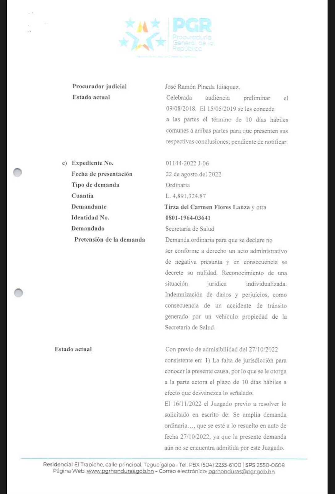 Informe remitido por parte de la PGR